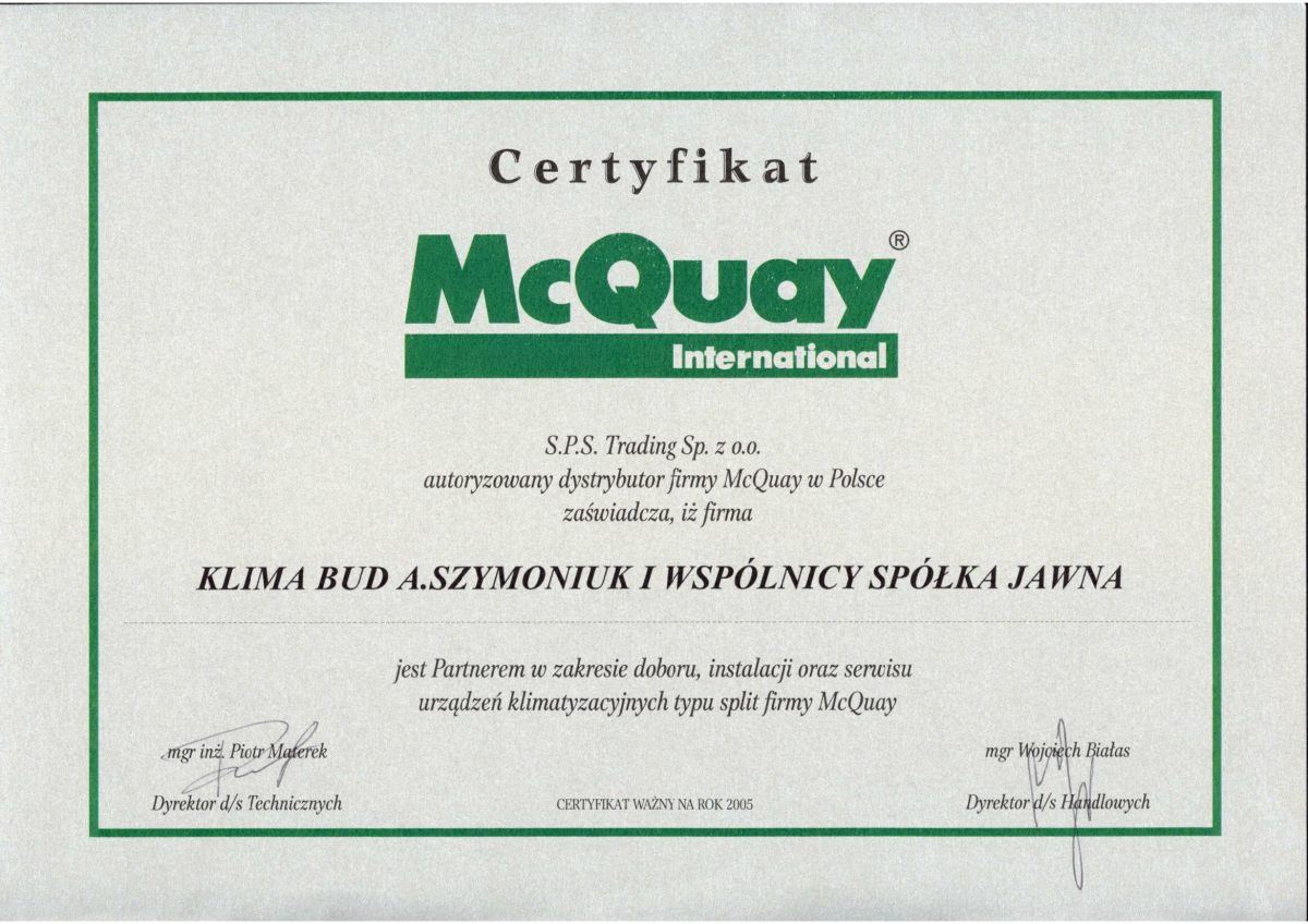 Certyfikat McQuay